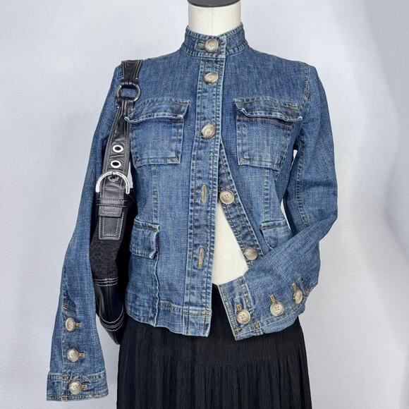 Denim Jacket Buttons High Collar Pockets Y2K Downtown Girl Size 4 - Picture 1 of 8